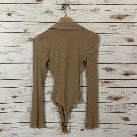 Lulu’s Head to Class Beige Ribbed Collared Long Sleeve Bodysuit - Small - Picture 16 of 16